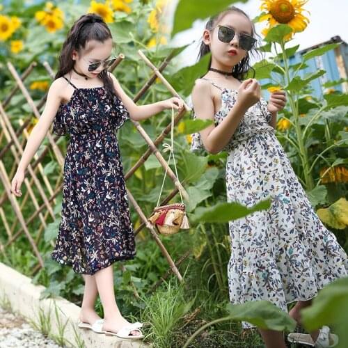 2017 New Summer Children Floral Dress Girl Waist Chiffon Dress Beach Bohemia Sling Girls Dress