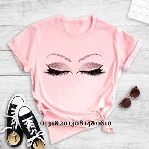 Womens Pink T-shirt Eyelash Print Graphic T-shirt Women Fashion Short Sleeve Fashion Eyelashes Harajuku T-shirt Top Women