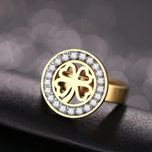 CACANA High Quality Fashion Crystal Hollow Clover Classical Stainless Steel Rings For Women Jewelry Gift R191