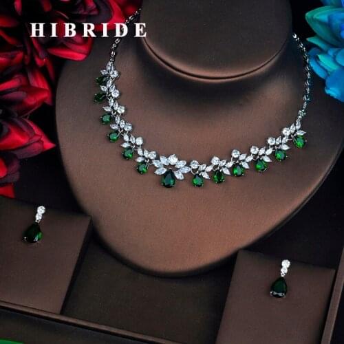 HIBRIDE Flower Shape Green Stone Dubai Jewelry Sets For Women Pendant Set Dress Accessories Brilliant Jewelry Necklace Set N-581