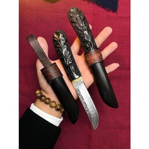 Core Damascus steel samurai sword outdoor camping knife ebony handle straight knife EDC tool
