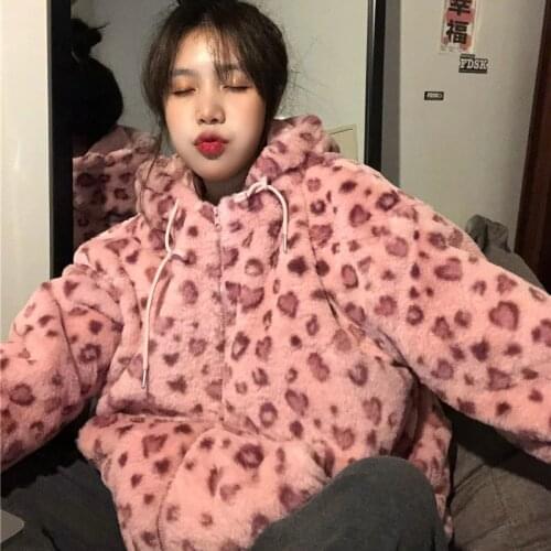 Harajuku Lamb Wool Coat Women Winter Pink Leopard Padded Jacket Korean Loose Sweet Thick Vintage Streetwear Coat Cool ClothesC