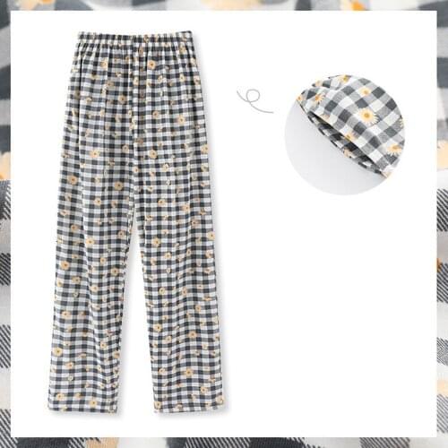 New women sleep bottoms cotton plaid Home pants women pajamas print flower Slacks pijamas couple casual wide leg trousers
