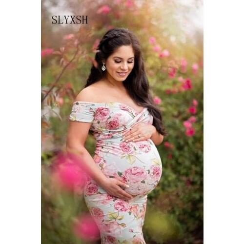 Maternity Dress For Photo Shooting Boat Neck printing Dress Maternty Photography Props Short Sleeve Stretch Cotton Pregnant Dres