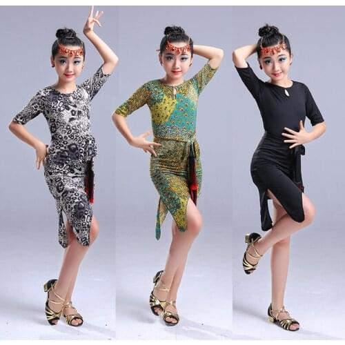Black Leopard Latin Dance Dress For Girls Half Sleeve Kids Cha Cha/Rumba/Samba Dance Wear Practice/Performance Dress For Dancing