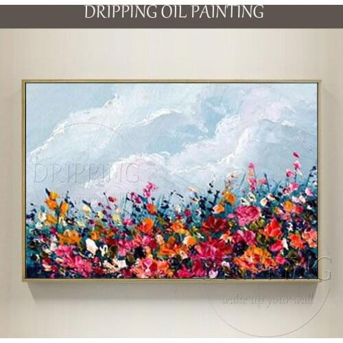 Hand-painted High Quality Field Flowers Oil Painting on Canvas Handmade Grey Sky Abstract Flower Oil Painting for Living Room