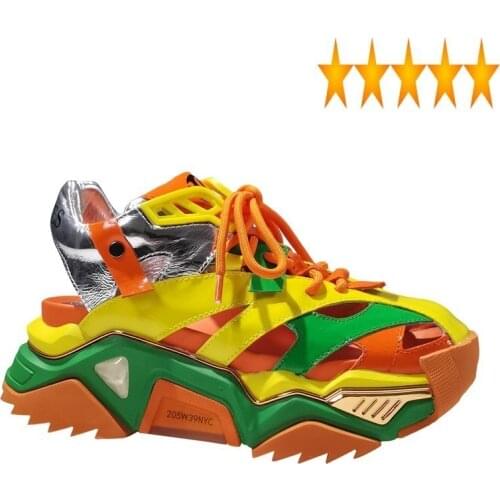 Casual Summer Platform Hollow Out Women Street Style Mixed Color Real Leather Sandals Fashion Breathable Wedges Shoes