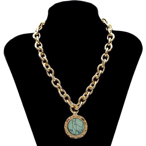 Vintage Punk Miami Round Coin Pendant Choker Necklace Green Stone Blue Crystal Dangle Thick Chain Long Necklace Jewelry