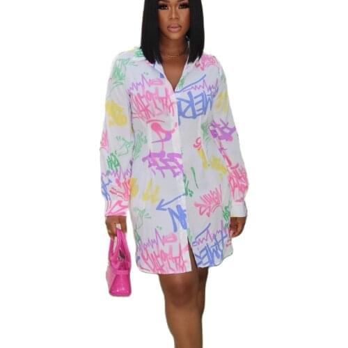 Fashion Women Digital Printing Letter Turn-down Collar Blouses Shirt Dress Summer 2021