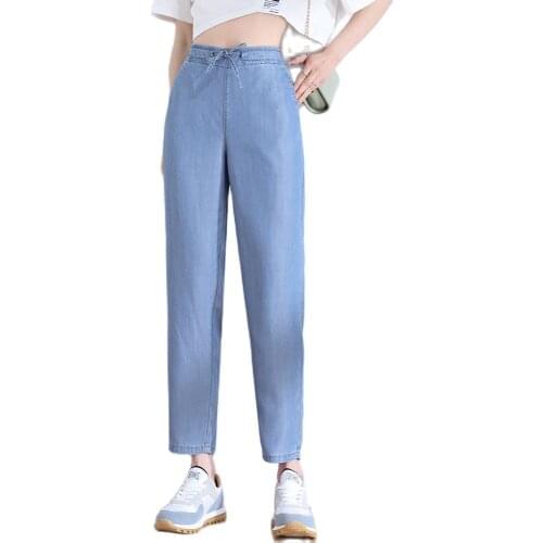 Women Tencel Thin Summer Cropped Denim Jeans Drawstring Elastic Band Light Blue Sky Blue Pencil Feet Jeans Plus Size S To 5XL