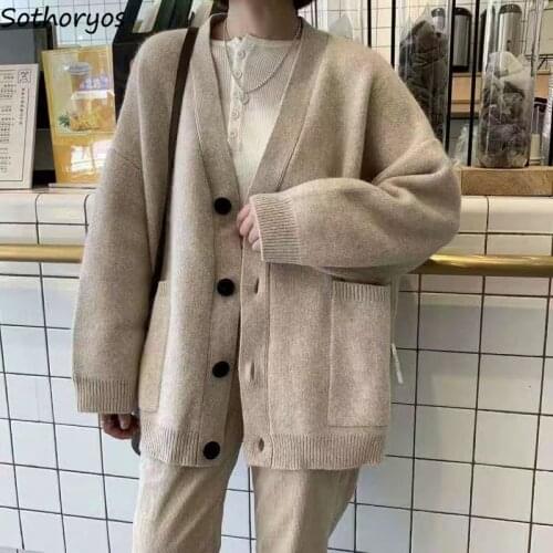 Women Cardigan Solid Loose Long Sleeve Knitted V-neck Warm Winter Outwear Pockets Single Breasted Oversize Female All-match Chic