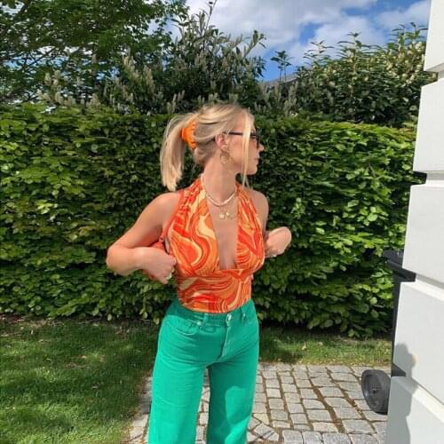 Striped Orange Halter Crop Top Women 2021 Summer Y2k Backless Bandage Sexy Tops Fashion Deep V Neck Sleeveless Blue Tank Top