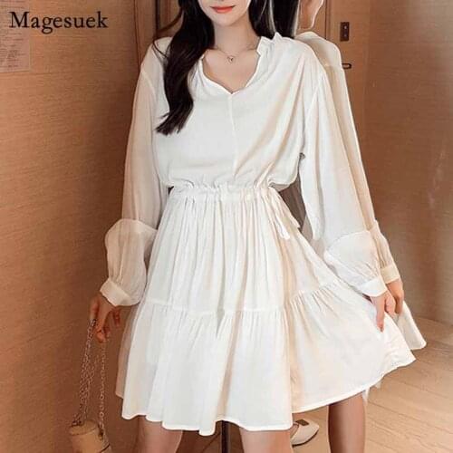 Korean V-neck Long Sleeve Mini Temperament 2020 Autumn New Simple Dress Drawstring High Waist Dresses Lady Women Dress 11421