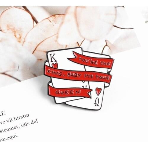 HOSENG Lucky Playing Cards King Queen Red White Metal Brooch Clothes Lapel Pin Badges Funny Enamel Pin Jewelry Parts HS_609