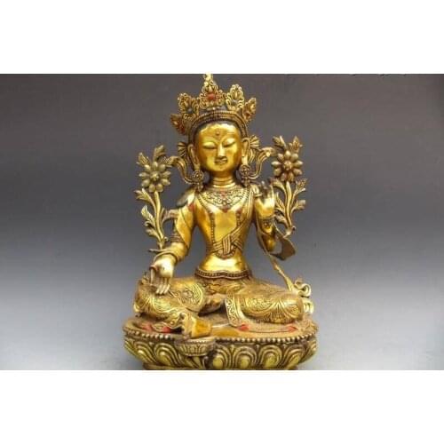 Buddhism Bronze Gild lotus flower Green TaRa GuanYin Kwan-Yin Buddha Statue