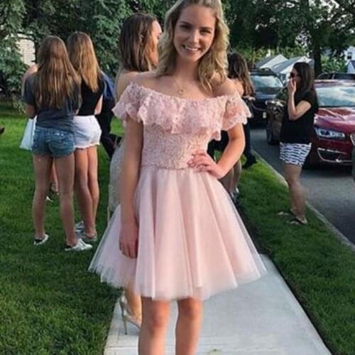 Elegant Pink Short Homecoming Dresses With Lace Tulle Off Shoulder Simple Custom Made Party Wears Dress