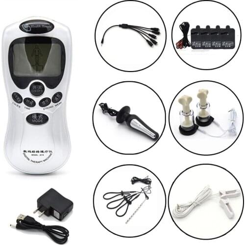 Electro Shock Stimulation Penis Plug Cock Rings Nipple Sucker Body Massage Paste Electric Anal Plug Clamps 5 In 1 Cable Together