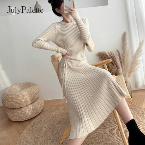 JulyPalette French Elegant Ladies Knit Dress Fashion Slim Drawstring Lace-up Dress 2021 Autumn Winter Solid Sweater Dress Female