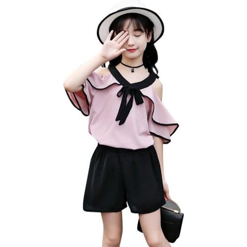 Fashion Short Sleeve Top+Short Pants Girls Clothes Set Ruffle Sleeve Good Quality Comfortable Fabric Summmer Kids Outfits 6-14Y