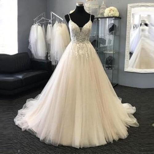 Spaghetti Straps Lace A Line Wedding Dress 2020 Custom Made Crystals Beading Bridal Gown Sleeveless Puffy Tulle Robe De Mariee