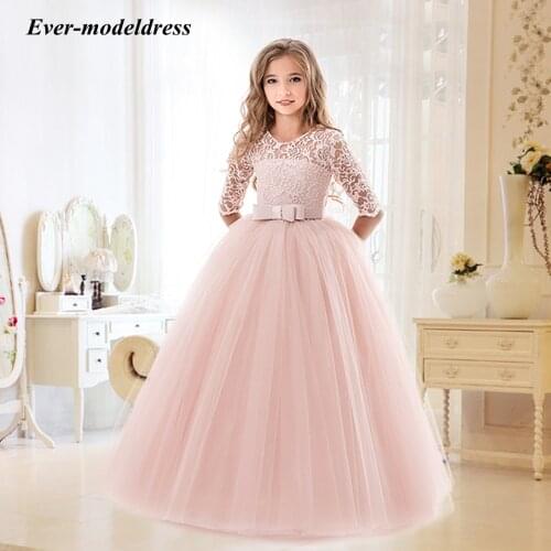 2021 New Flower Girls Dresses Lace Pink Long Birthday Christmas Party Skirt Elegant Princess Vestidos Kid Wedding Pageant Gowns