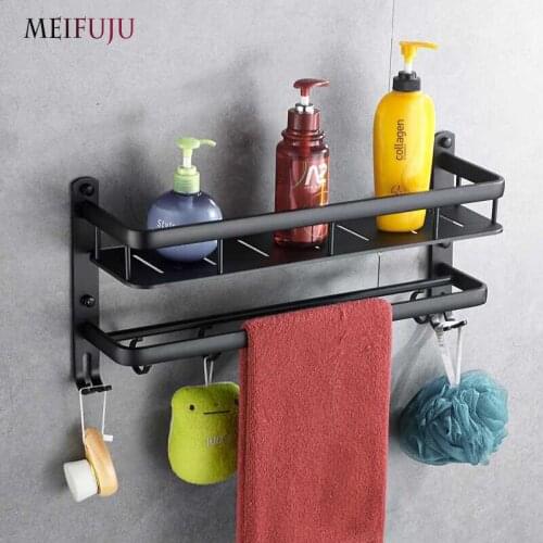 Single Dual Tier Bathroom Corner Shelf with Floating Hooks Shower Black Aluminum Wall Mounted Towel Storage Rack Holder