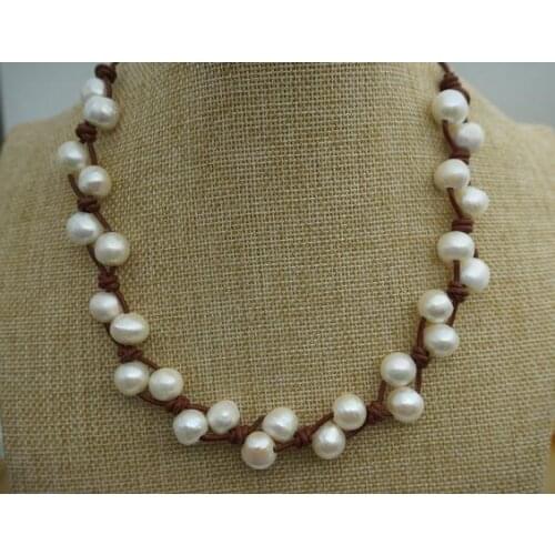 Handmade Pearl Jewellery 9-11mm Large Pearl White Color Freshwater Pearl Black Leather Necklace New Free Shipping