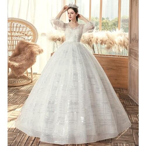 Bling Sequins Fabric Wedding Dress Robe De Mariee Autumn New Elegant Three Quarter Sleeve Ball Gown Princess Vestido De Noiva