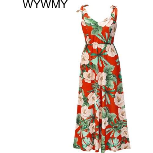 WYWMY Sexy Women Deep V-neck Long Dress Summer Floral Print Sleeveless Beach Dress Boho Ladies Backless Spaghetti Strap Dresses