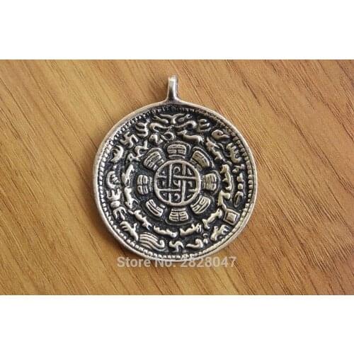 PN985 Vintage Tibetan Brass JiuGong Bagua Men Amulet Waist Tag Tibetan Man 51mm Big Round Pendant Chinese Fengshui Collection