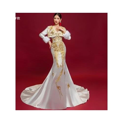 Luxury white snow queen feather sleeve golden embroidery mermaid dress Renaissance gown royal queen cosplay can customs size