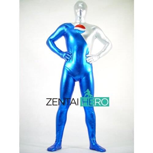 Custom Made Blue And Silver Shiny Full Body Zentai Pepsiman Costume for Halloween Events Party Bodysuit