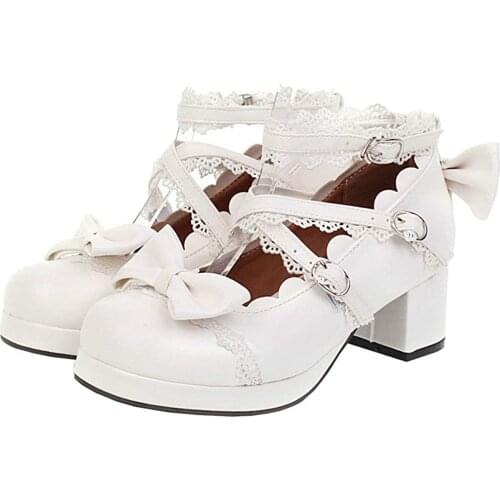Women Lolita Cosplay Shoes Cross Strap Block Heel Mary Jane Lace Pumps Medieval Accessories Purple Lolita Shoes Uniform Shoes