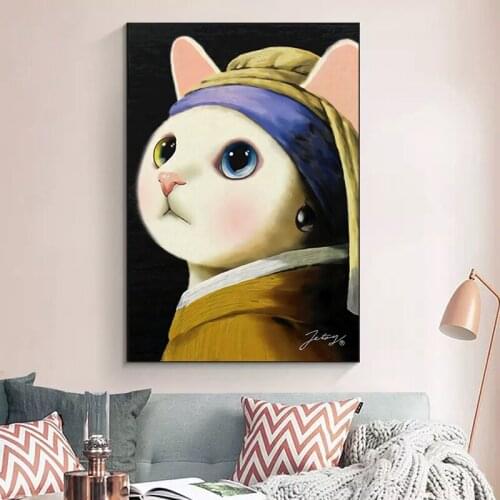 Funny Cat Wall Art Picture Nordic Lovely Pet Canvas Painting Cartoon Creative Poster and Print for Baby Kids Room Decor No Frame