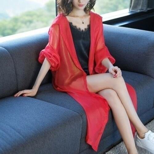 Women Blouse Summer Long-Sleeve Solid Loose Chiffon Shirt Red Kimono Cardigan Hooded Long Ladies Tops Sun Protective Jacket X126