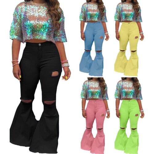 Women Lady Fashion Hole Zipper Wide Leg Pants Boot Cut Pant Jeans Trousers Flared Trousers Jeans Расклешенные Джинсы 2021