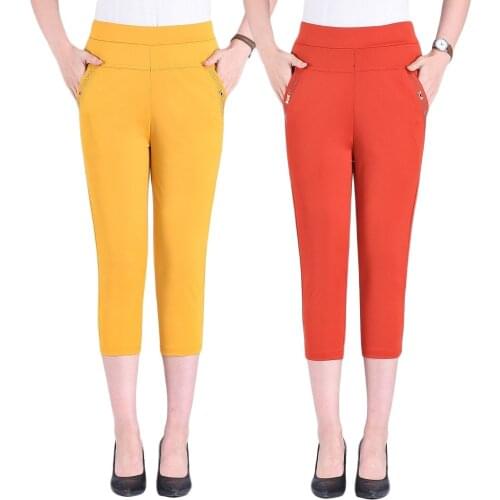 Women Ladies Pencil Pants Summer Pockets Button Skinny Calf Length Pants Casual Stretch 3/4 Trousers Plus Size Female Capris