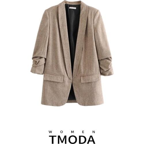 TMODA772 2021 Autumn Winter Casual Khaki Blazer Women Roll Sleeve Herringbone Fashion Jacket Female V-neck Office Lady Blazer