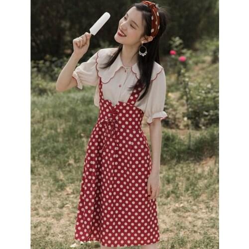 SWEETXUE Summer Vintage Two Piece Outfits 2021 Women Korean Cute Pan Peter Collar Shirt Top Polka Dot Suspender Skirt Suit Women