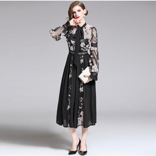 2020 Runway Women Feather Embroidery Fairy Long Dress Elegant Female See Through Mesh Lantern Sleeve Bow Neck Party Dress
