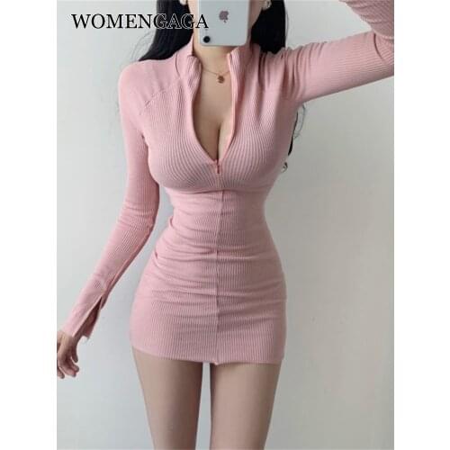 Pink Sexy Summer Autumn Womens Clothing New Long Sleeve Zipper Mini Party Dress Striped Fold Girl Female Dresses Vintage E186