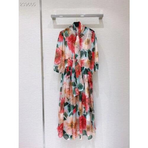 Fyion Runway Fashion Winter Chiffon Wrist Dress Womens Elegant Bow Collar Flower Print Holiday Long Dresses