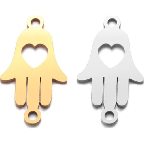 10pcs/Lot Stainless Steel Hollow Out Hand with Hearts Charms Two Holes Connectors DIY Bracelet Jewelry Accessories