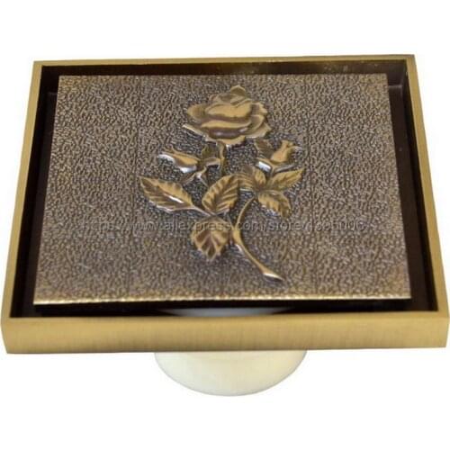 10cm*10cm Antique Brass Square Vintage Art Carved Floor Drain Cover Shower Waste Drainer Bathroom Accessories Bhr012