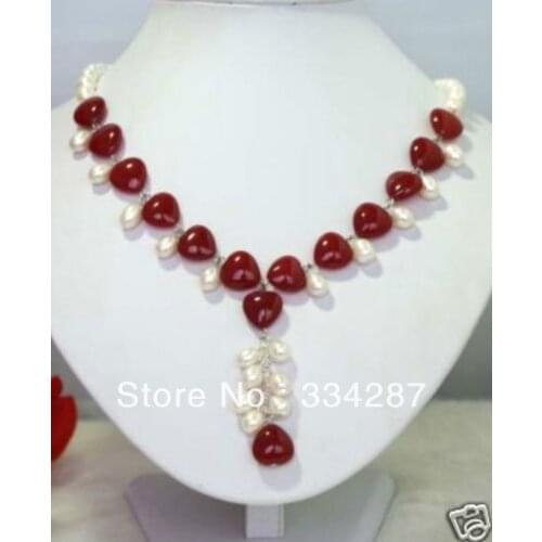 Designer white Genuine Freshwater pearl Red Jades Heart-Shaped Jewelry necklaces 18inches