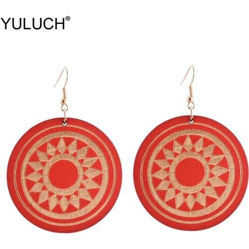 YULUCH Fashion Women 5 Colors Round Gear Drop Earrings Bohemian Jewelry 2019 Ethnic African Black Red Wooden Statement Earrings