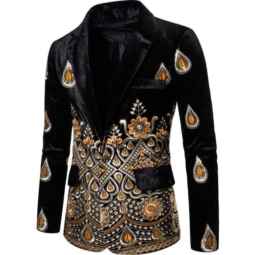 High Quality Velvet One Button Mens Gold Thread Embroidered Suit Dress Performance Blazer Dress Stage Show Men Blazer Hombre