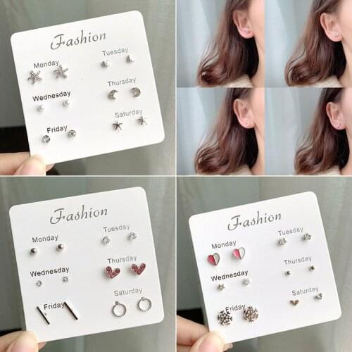Women Heart Star Mini Earrings Set Fashion Girl Small Jewelry Square Leaf Pearl 6-pairs Stud Earring Sets Lady Mini Jewelry