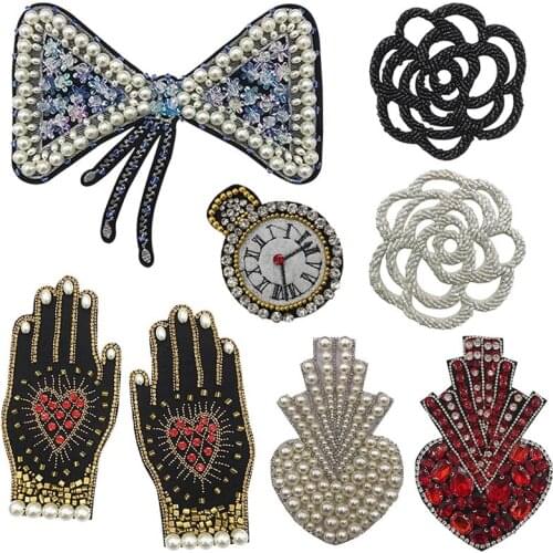 High Quality Hand-Beaded Large Heart-Shaped Hand Clock Bow-Knot Rose Flower Patch Sequins Rhinestone Garment Decoration DIY
