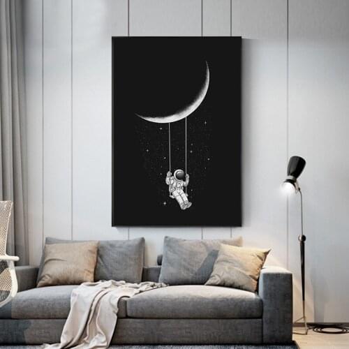 Funny Space Astronaut Swinging on The Moon Stars Canvas Painting Wall Art Posters Pictures and Prints for Living Room Home Decor